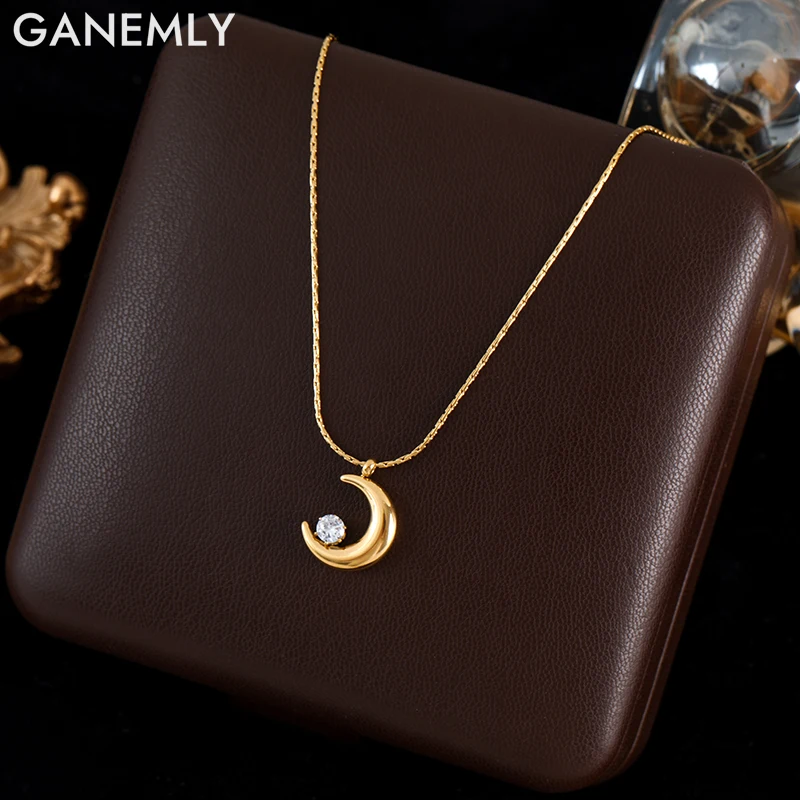 

GANEMLY 316L Stainless Steel Moon Zircon Pendant Necklace For Women Girl New Trendy Luxury Shine Neck Chain Jewelry Lady Gift