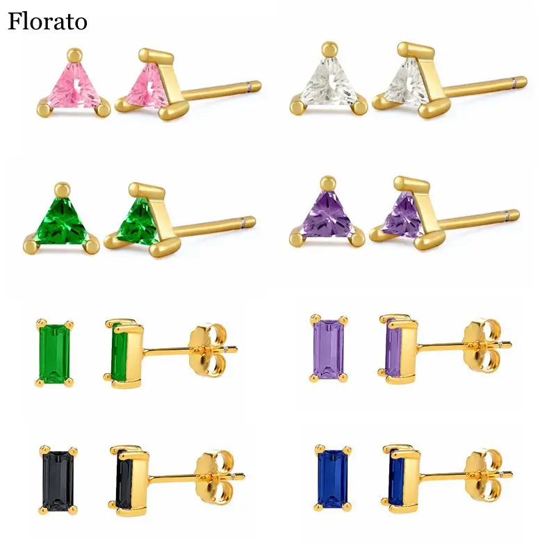 

925 Sterling Silver Mini Colorful Zircon Stud Earrings for Women Geometric Cartilage Pierced Earrings Fashion Jewelry wholesale
