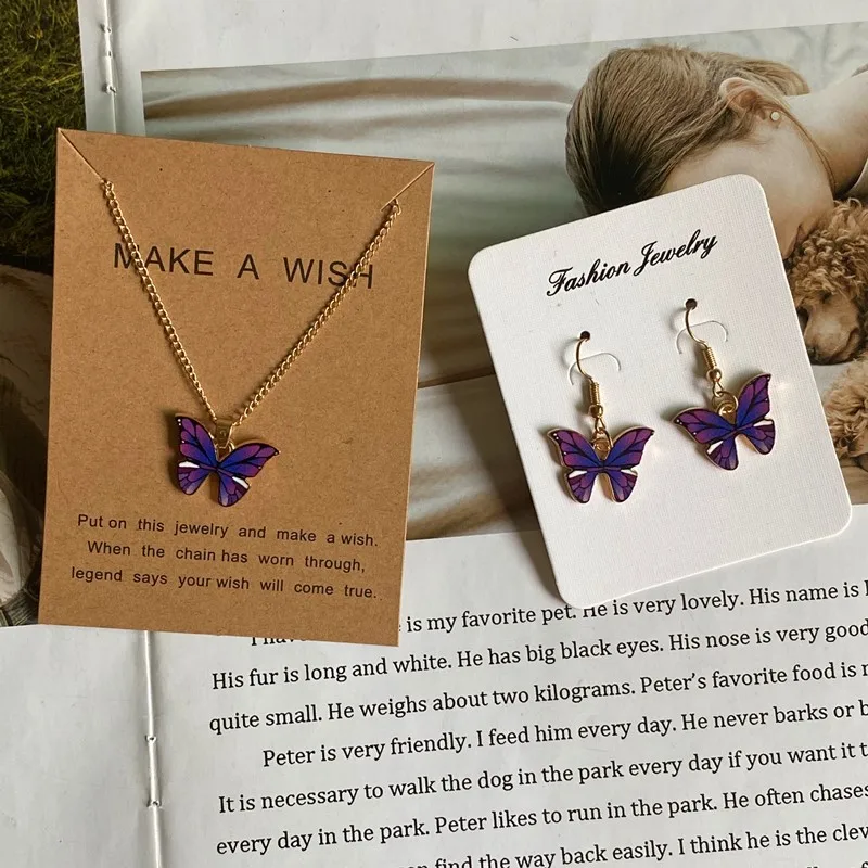 Cute Fashion Butterfly Necklace Earrings Set New Popular Blue Purple Orange Color Pendant Fashion Women Jewelry Wholesale