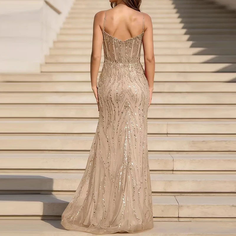 Elegant Off Shoulder Backless Bodycon Dress Women Sexy Sleveless Split Floor Length Dress Fashion Sequin Beading Bead Party Gown