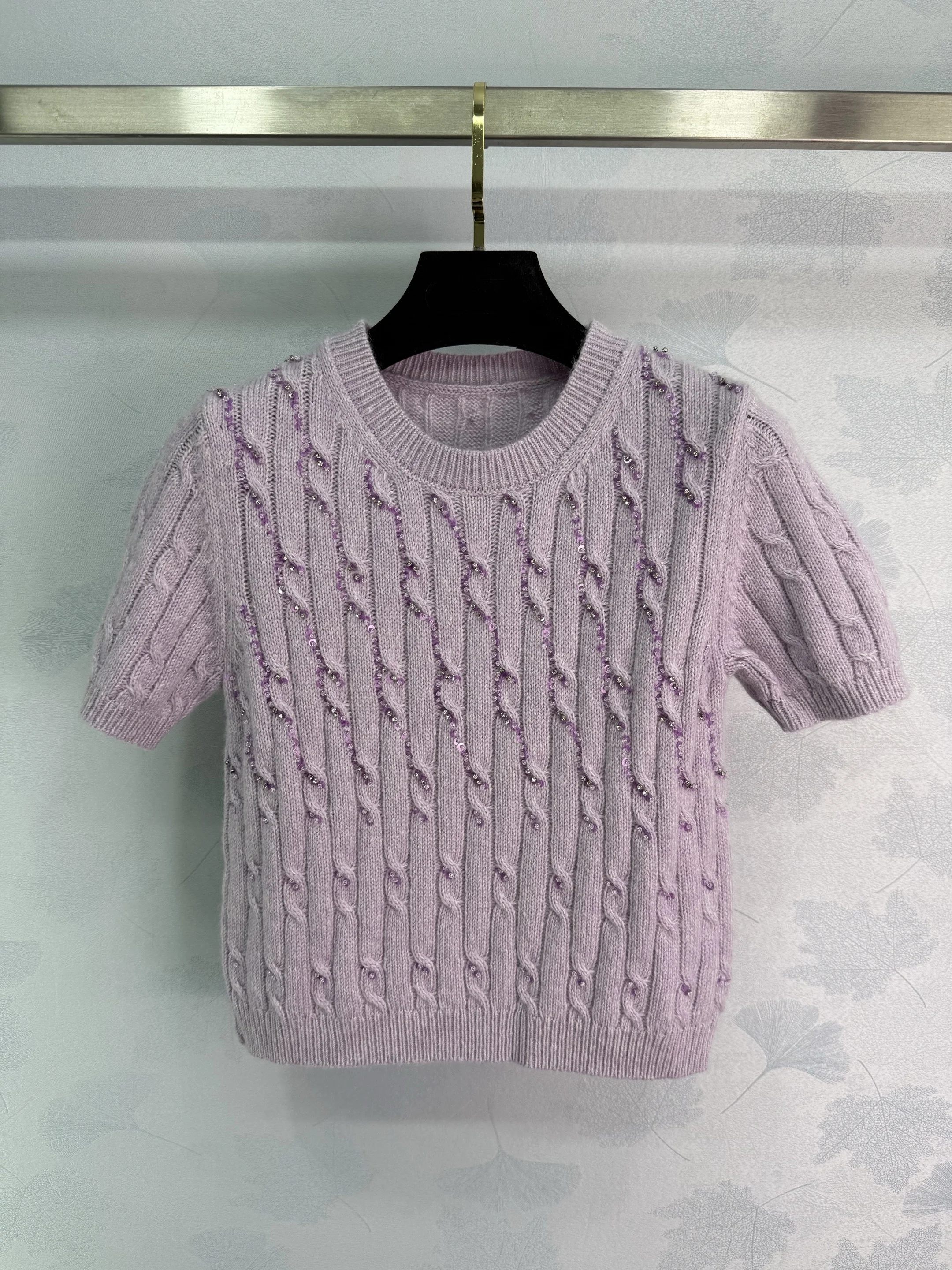 

High quality new women's short sleeved sweater light purple short cut round neck pullover knitted short sleeved top