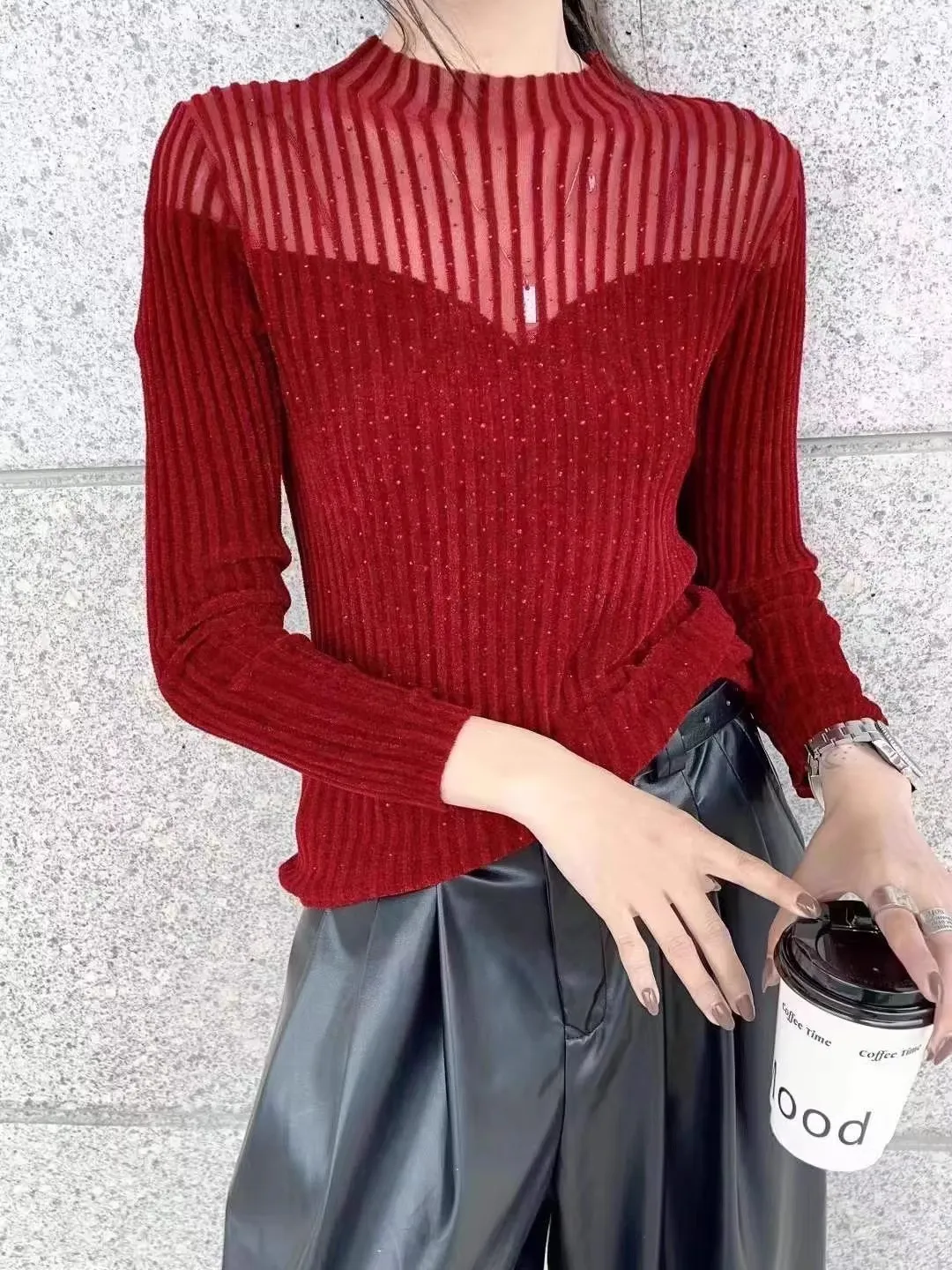 Fall Winter Slim-Fit Mesh Rhinestone Velvet Sweater for Woman High-Grade Mock Neck Sweater Knitted Top Female Pullover C-297