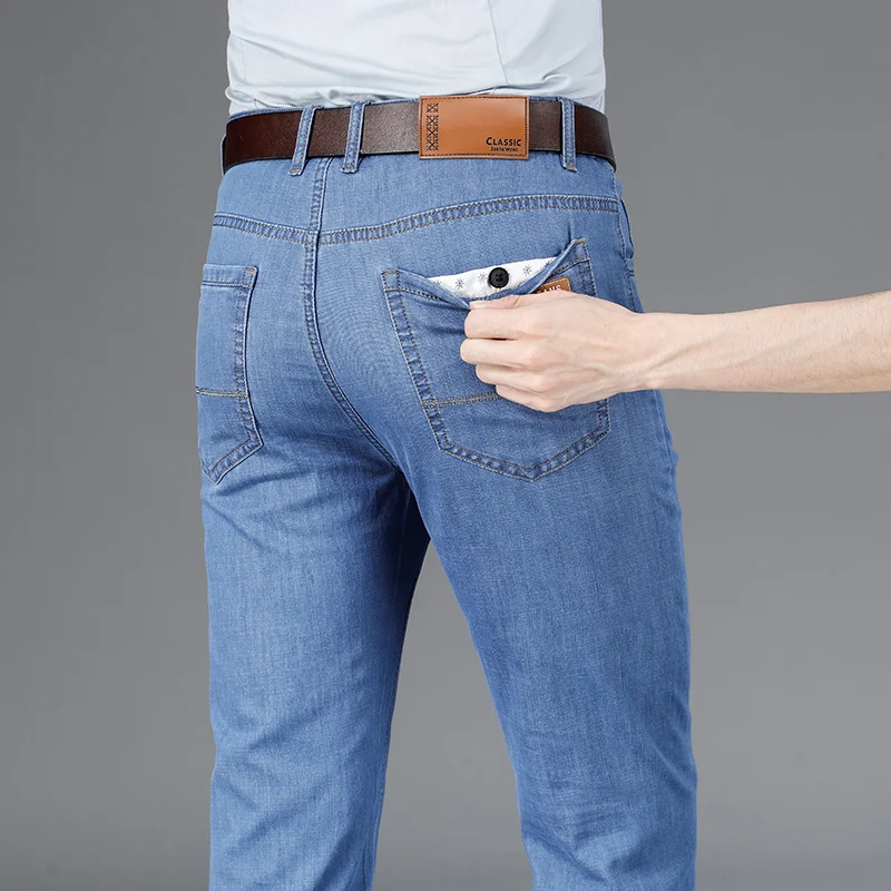 2026 Men's Lightweight Summer Denim Jeans Business Loose Straight Elastic Mid-Waist Casual Pants