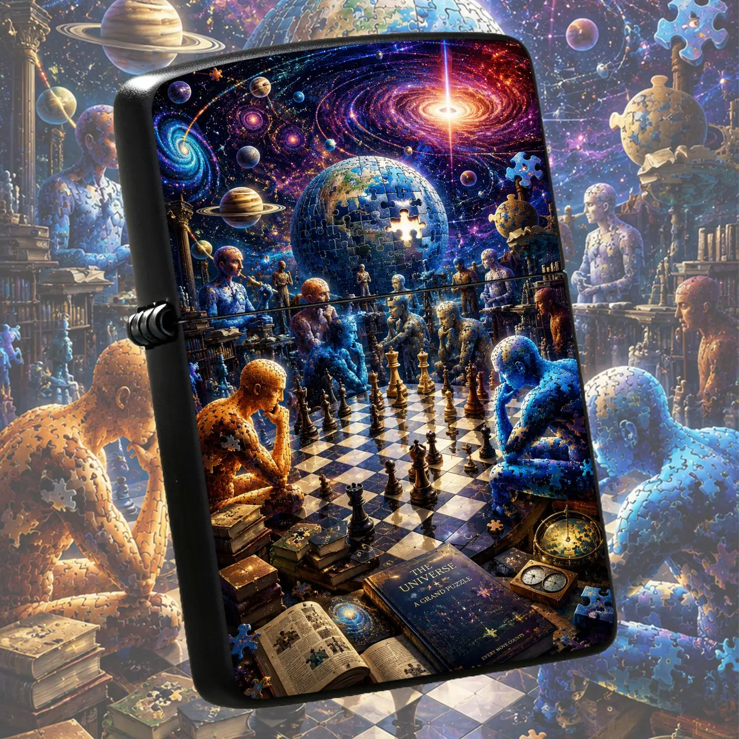 Creative Cosmic Chess Puzzle Art Pattern Lighter, Starry Sky Exploration Themed Decor, Unique Stylish Portable Accessory, Ideal For Daily Multi-Scene Use, Gifting And Personal Collection, Exquisite Surreal Artwith Vivid A Humorous And Inter