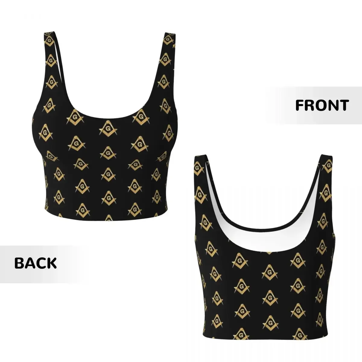 Custom Freemason Pattern Gold Blue Square And Compass Masonic Women Sports Vest Bras Gym Workout High Impact Yoga Crop Tank Tops