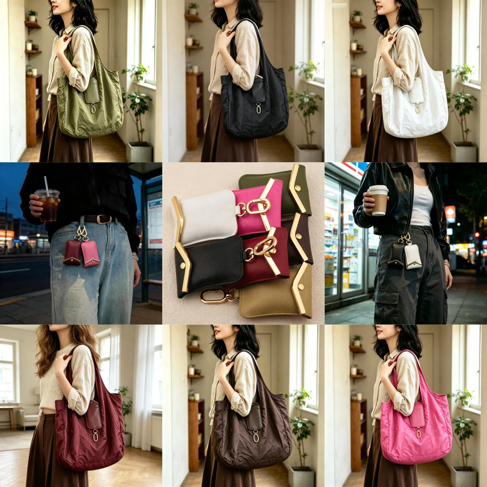 Foldable Nylon Tote Bag Large Capacity Portable Shopping Bag w/ Leather Storage Pouch Lightweight Shoulder Bag for Daily Commute