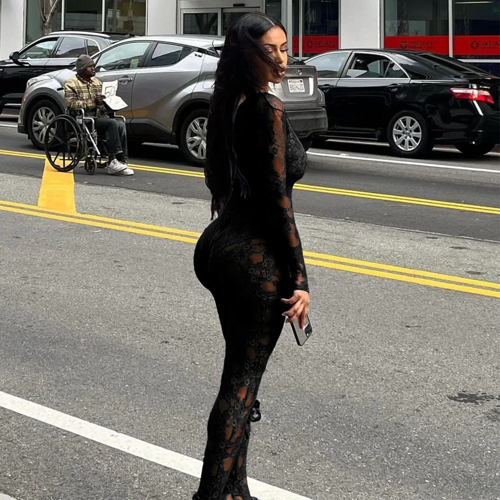 2024 Autumn Winter Lace See Through Bow Skinny Jumpsuit Women Low Cut Square Neck Long Sleeve Spicy Girl Street Clubwear Rompers