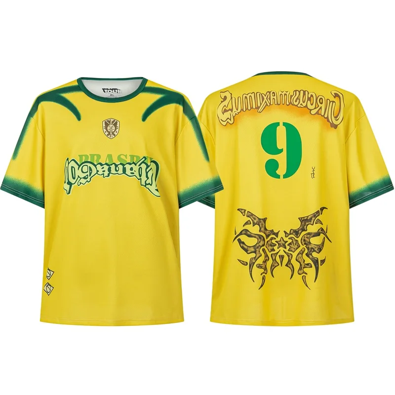 

25ss Round Neck Cactus Jack Mesh T Shirts Men Women Football Jersey Logo Printing Oversized Yellow T-Shirt