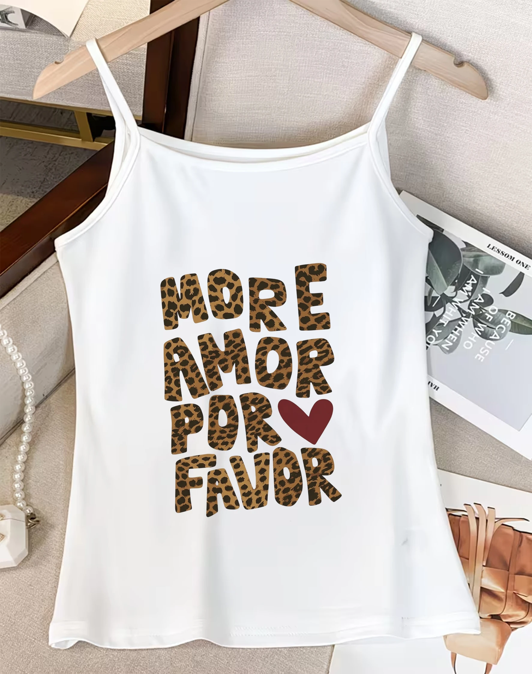 Womens Summer Spaghetti Strap Cami Top Casual Slender Tank Blouse with More Amor Por Favor Leopard Heart Lettering Print
