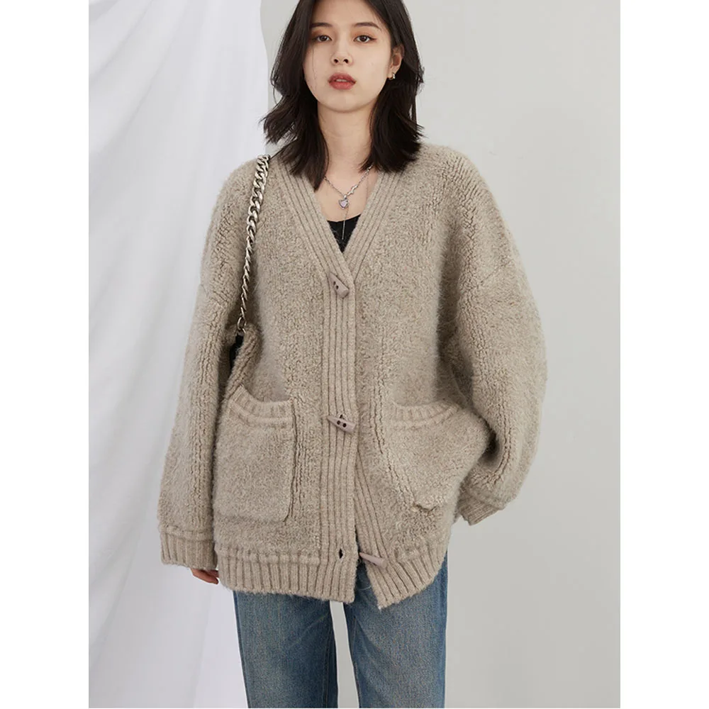 CHIC VEN Koreanische Gestrickte Strickjacke Frauen Lose V-ausschnitt Damen Herbst Strickwaren Dicke Warme Mode Pullover Frau Winter 2022 Jersey