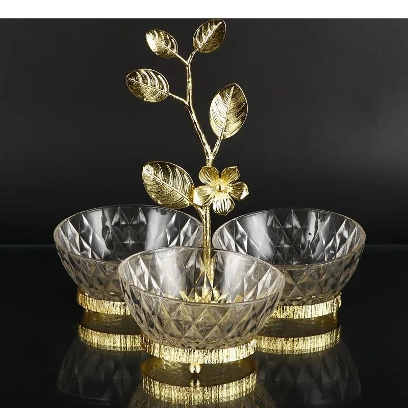 Divided Fruit Plate Light Luxury Metal Glass Birthday Party Nut Candy Snack Home Decorative Tableware