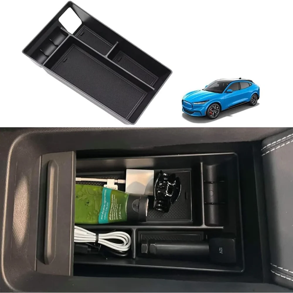 For Ford Mustang Mach-E 2021-2024 Center Console Tray Armrest Divider Durable ABS Black Functional Storage Box Car Accessories