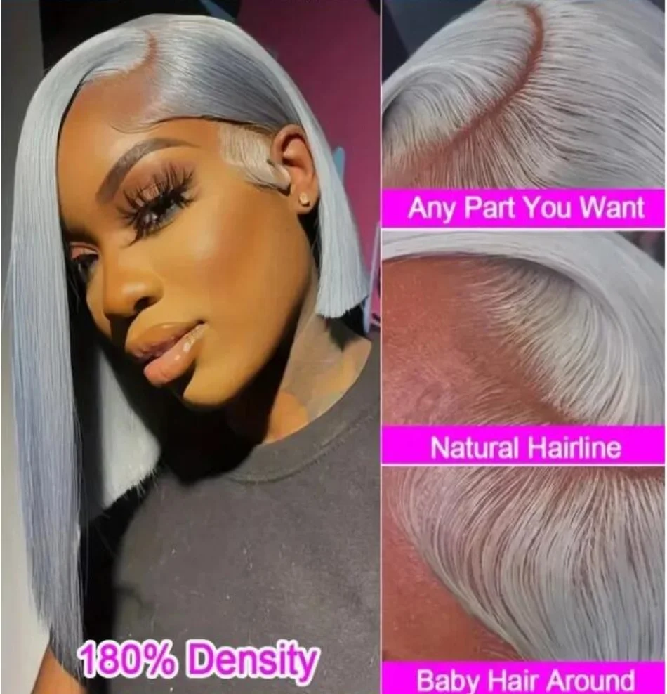 فضي رمادي بوب شعر مستعار 13x4 الدانتيل الشفاف الجبهة خصلات الشعر المستعار الإنسان للنساء الدانتيل شعر مستعار أمامي 100% البرازيلي بوب الشعر قبل قطعها