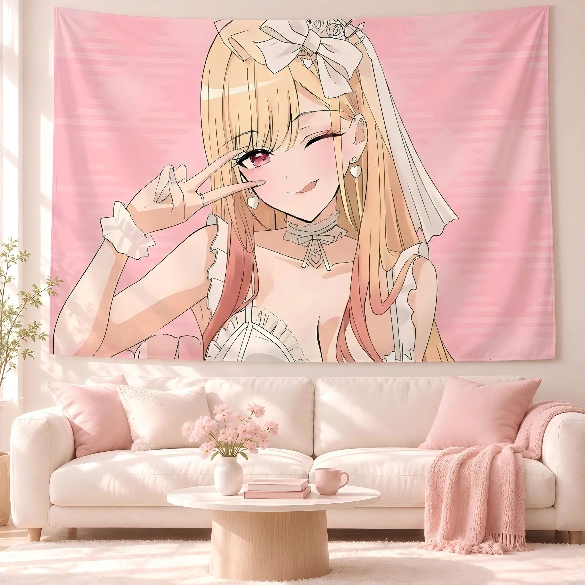 My Dress-Up Darling Marin Kitagawa Tapestry Pink Anime Girl Wall Hanging Kawaii Aesthetic Room Decor Tapestry for Dorm Bedroom