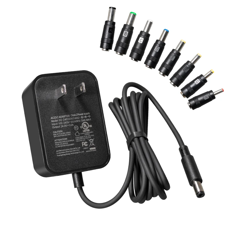 24V1A 24W Universal Power Adapter, AC 100-240V Input to DC 24V1A Output, with 8 DC Plugs, AC to DC Adapter, Lightweight Design,
