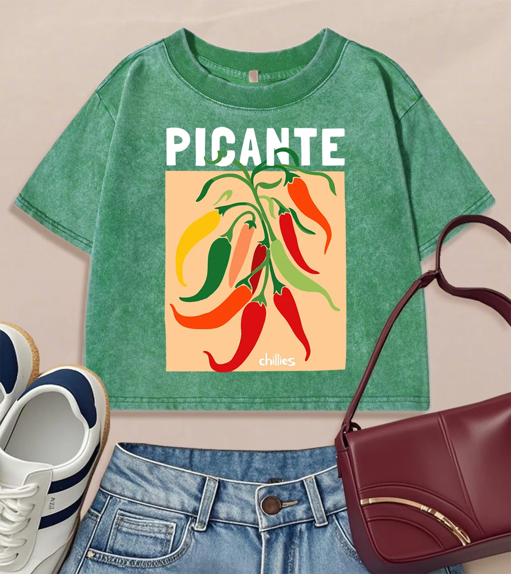

Picante Chillies женская мытая укороченная футболка летняя крутая новая повседневная футболка с коротким рукавом в стиле ретро мягкий хлопковый топ спортивная модная женская футболка