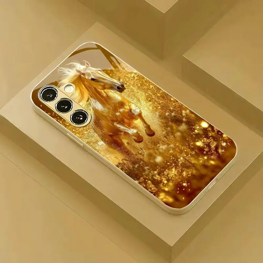 Golden horse pattern glass phone case suitable for Samsung Galaxy S26 S25 S24 S23 S22 S20 FE/Ultra/Plus anti drop back cover
