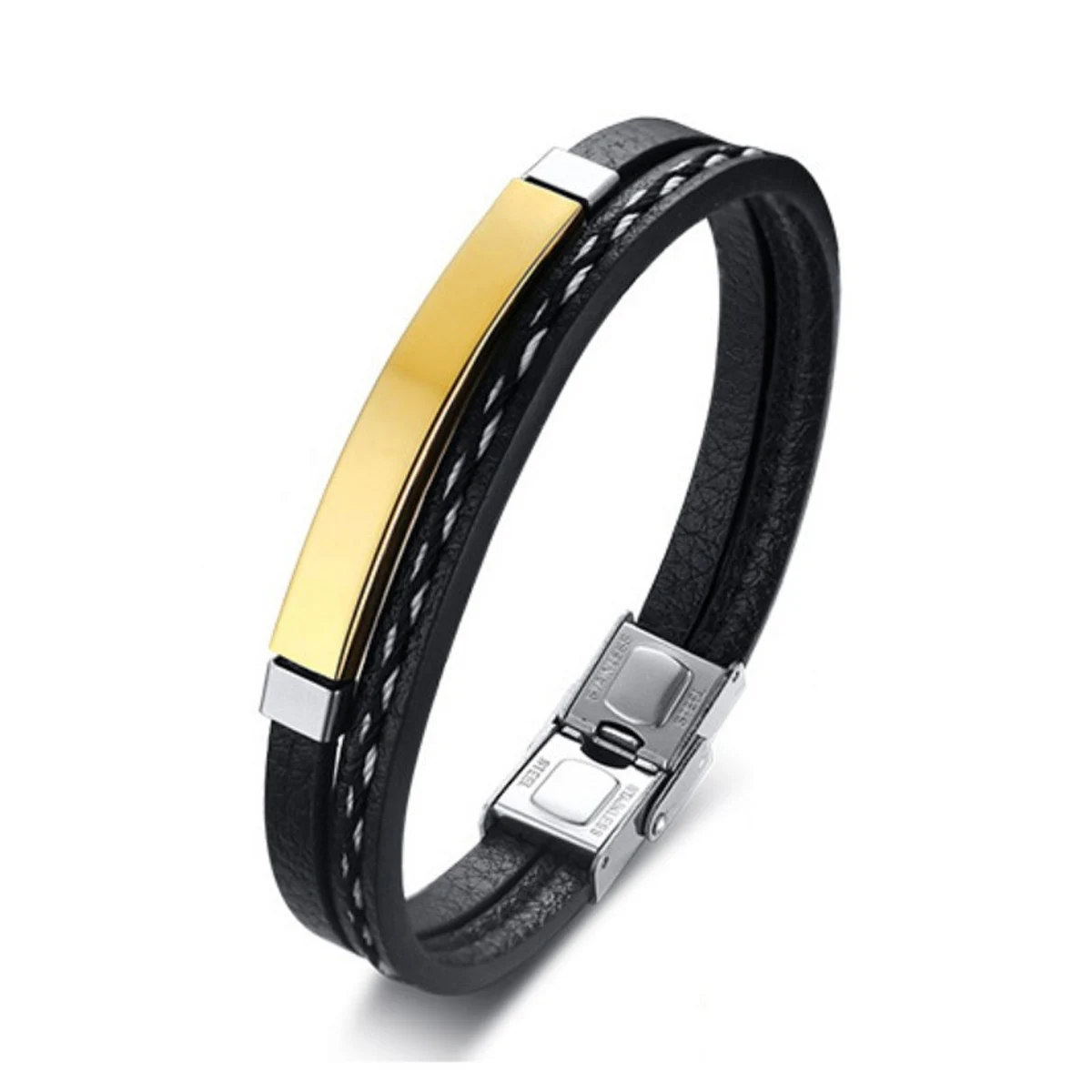 1 Men's Wish Stainless Steel Leather Bracelet With Curved Pu Leather Woven Bracelet For Travel Wear And Accessories-805091