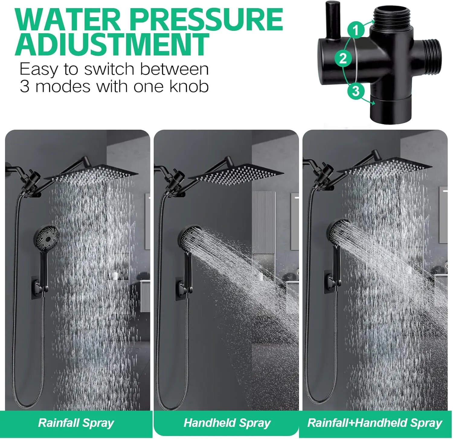 Hand-held spray combination and adjustable extension arm / 3-way flow regulator/shower system, high pressure rain hose