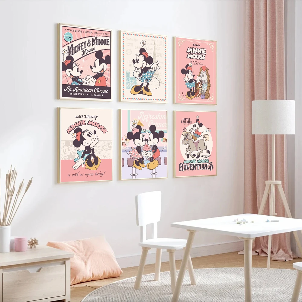 Disney Mickey Minnie Poster Prints Pink Theme Canvas Painting Nursery Wall Pictures Boys Girls Bedroom Kids Room Decor