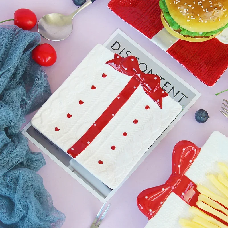 

# 2022 Exquisite Gift Plate Bow Candy Square Cake Afternoon Tea Party Wedding Ceramic Dessert Plate #