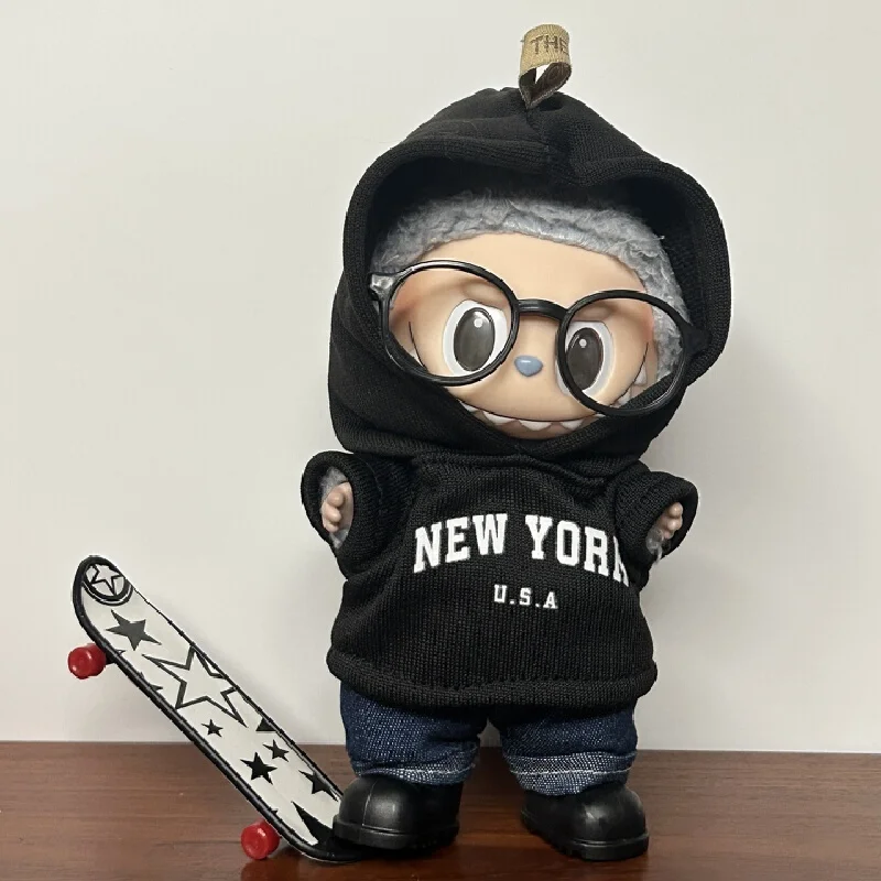 Labubu Doll Clothes 17cm New York Style Black White Hoodie Jeans Set With Glasses Dress Up Outfit For Blind Box Plush Figures