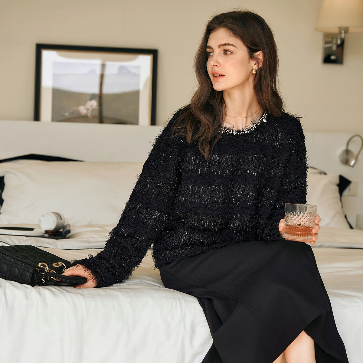 OLrain Women Striped Sweatshirts 2025 Autumn Luxury Long Sleeve Beading O Neck Knitted Tassel Casual Pullovers Tops M57CW95869