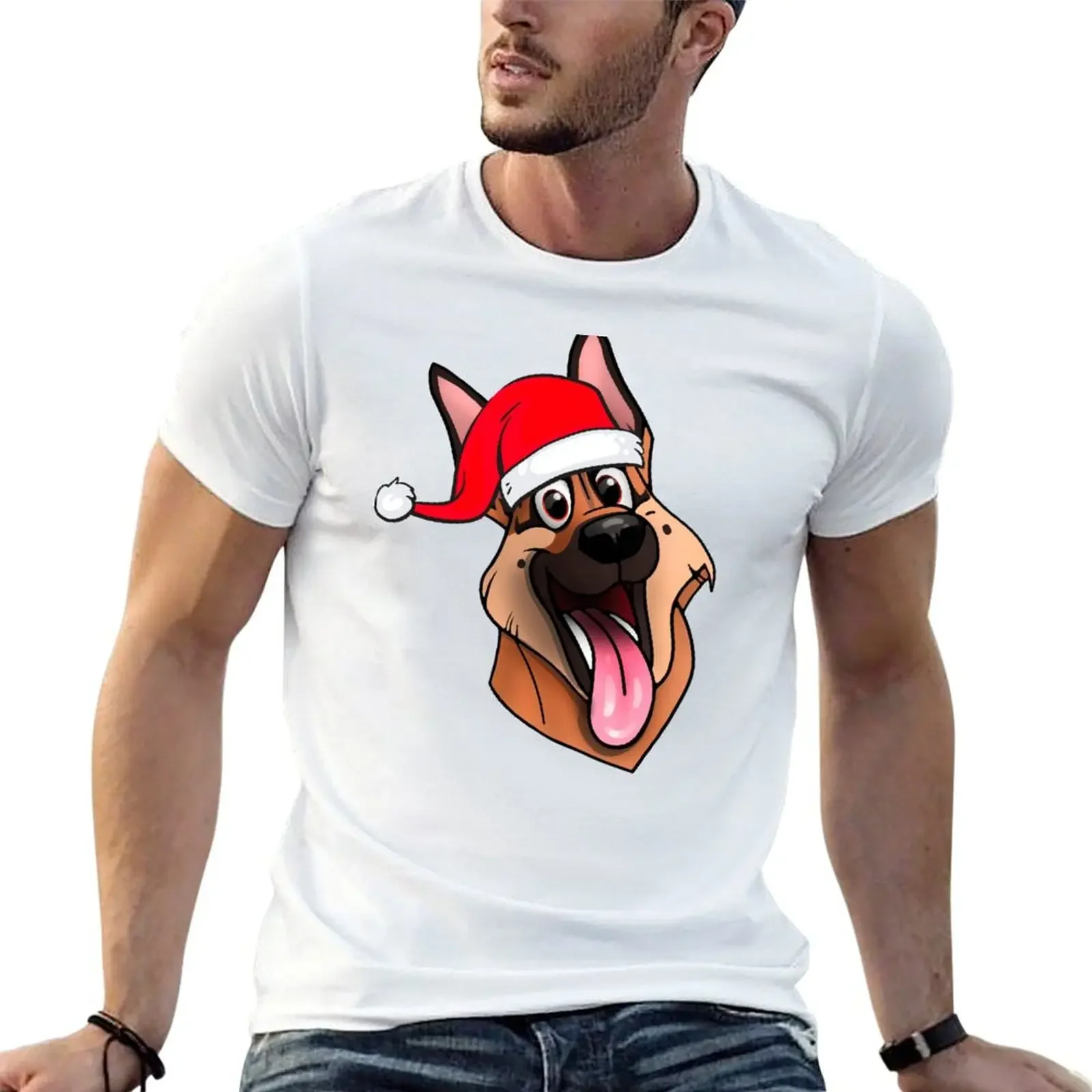 

Christmas German Shepherd with Santa Hat T-Shirt cotton graphic tees street wear graphic t shirt vintage compression shirt men