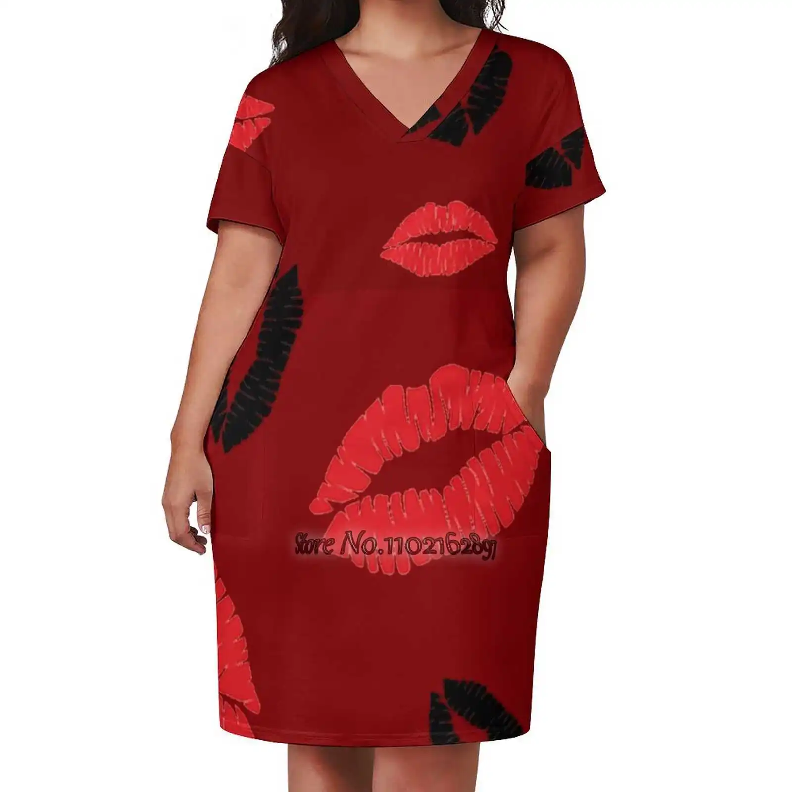 Red Red Black Kisses Lips Teanne V-Neck Short Sleeve Skirt Slim Skirts Loose Elegant Fashion Dress 5Xl Lip Lips Lipstick Funny