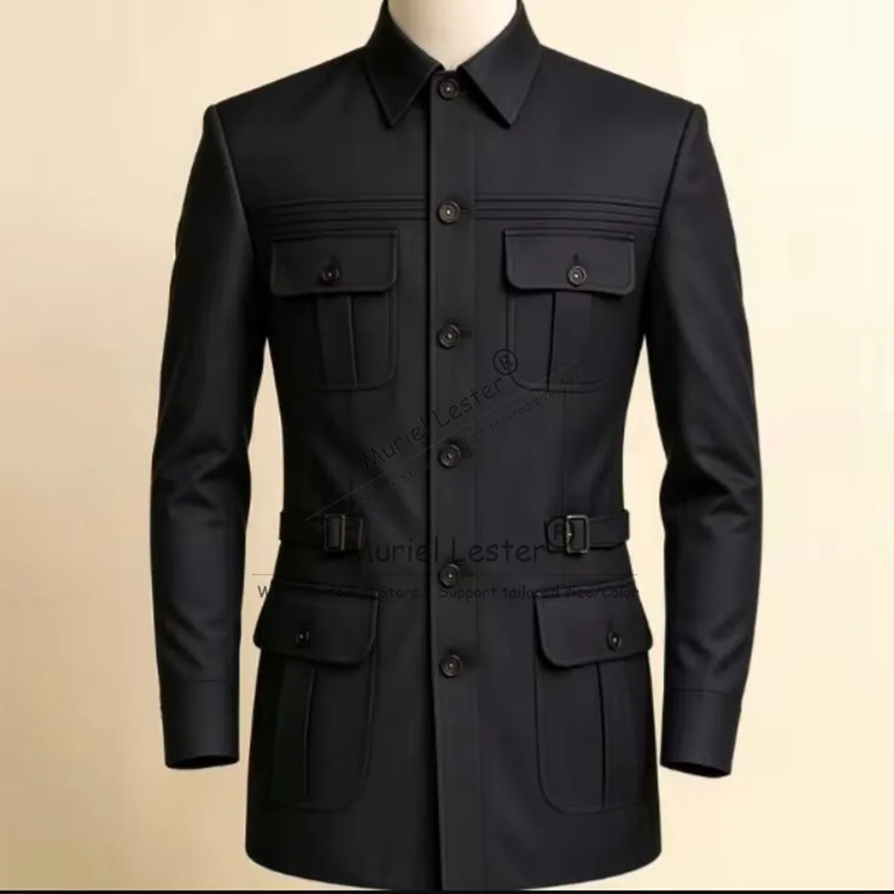 Vintage Men Suit 2 Pieces Stand Collar Multi Flap Pocket Waist Buckle Banquet Jacket Pants Prom Blazer Customized Outdoor Tuxedo