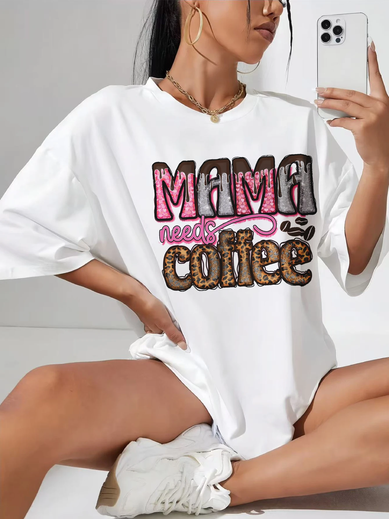 

Mama Needs Coffee Sublimation Loose fit white maternity tee round neck extra room for late pregnancy bump