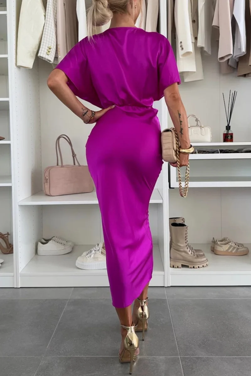 موضة فستان ستان ملابس الصيف النساء Batwing قصيرة الأكمام التفاف الخامس الرقبة تويست Bodycon فساتين متوسطة الطول فستان الحفلات المسائية Vestido