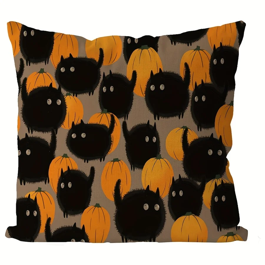 1pc, Linen Halloween Pillow Covers, Halloween Pumpkin Cat Linen Pillowcase, Holiday Farmhouse Indoor Outdoor Couch Cushion Case for Sofa and Home Decor, 16x16, 18x18, 20x20 (No Pillow Core.)