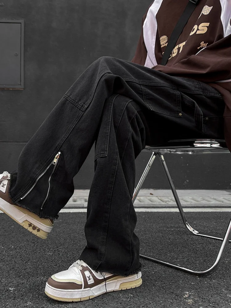 

Мужские джинсы с рваным краем, американский уличный стиль, весна-осень, свободные прямые широкие брюки, крутые длинные штаны