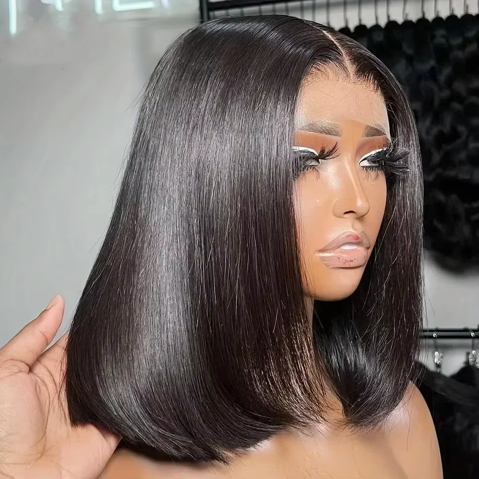 

13x4 Short Straight Lace Frontal Bob Wig 200% Density Lace Front Wigs Brazilian 100% Human Hair For Black Women 14 16 Inches