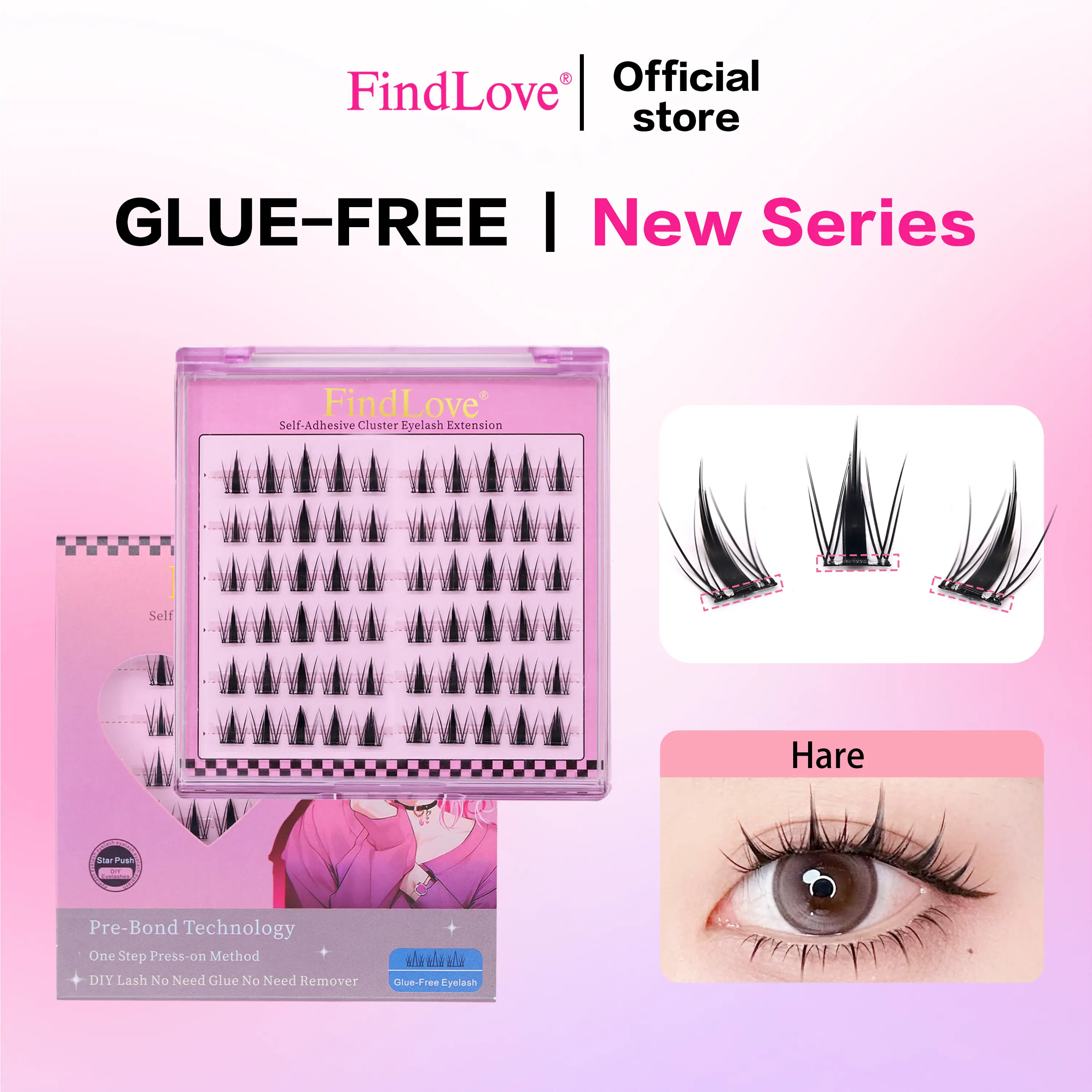 60Clusters Findlove Sweet Thick Type Press-on Glue Free Lashes Comtable Wear Enlarge Eyes Rabbit Eif Bright Fresh Lash Extension