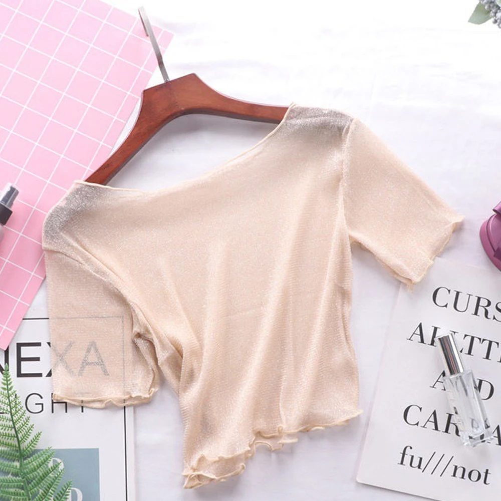 Perspective Sexy Mesh Crop Top For Women Summer Slim Shiny Short Sleeve O Neck Tops Female Party Nightclub Streetwear T Shirts