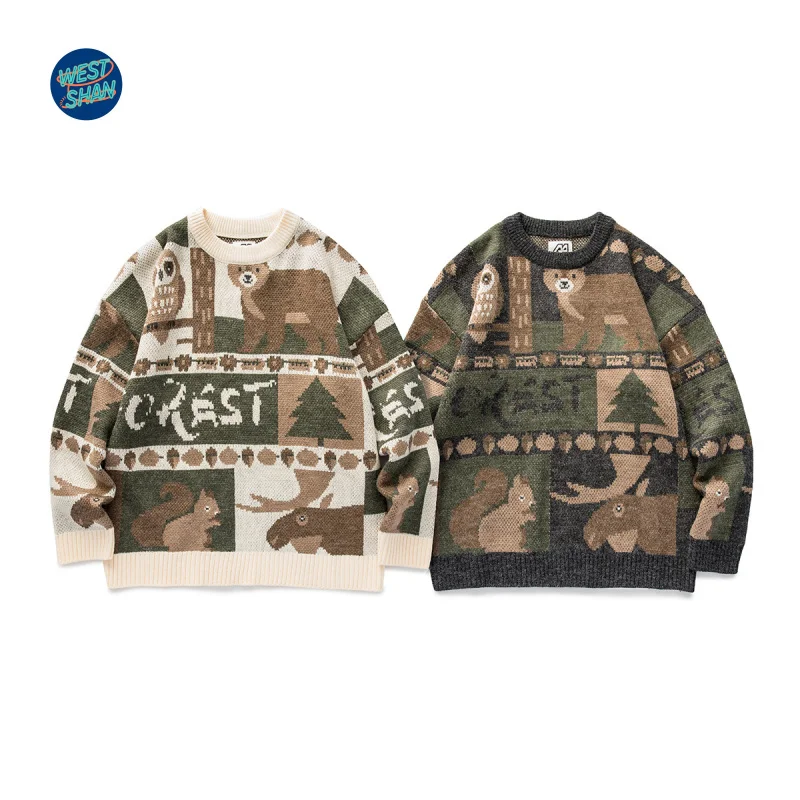 

WESTSHAN EU US Size Top Quality Men's Crewneck Sweaters Casual Textured Pullover Sweaters with Forest Printing