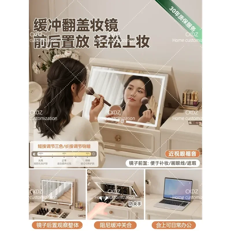 Retro Solid Wood Makeup Table with Flip Mirror Integrated Bedside Cabinet Dresser and Desk Two in One Vanity Chest for Master