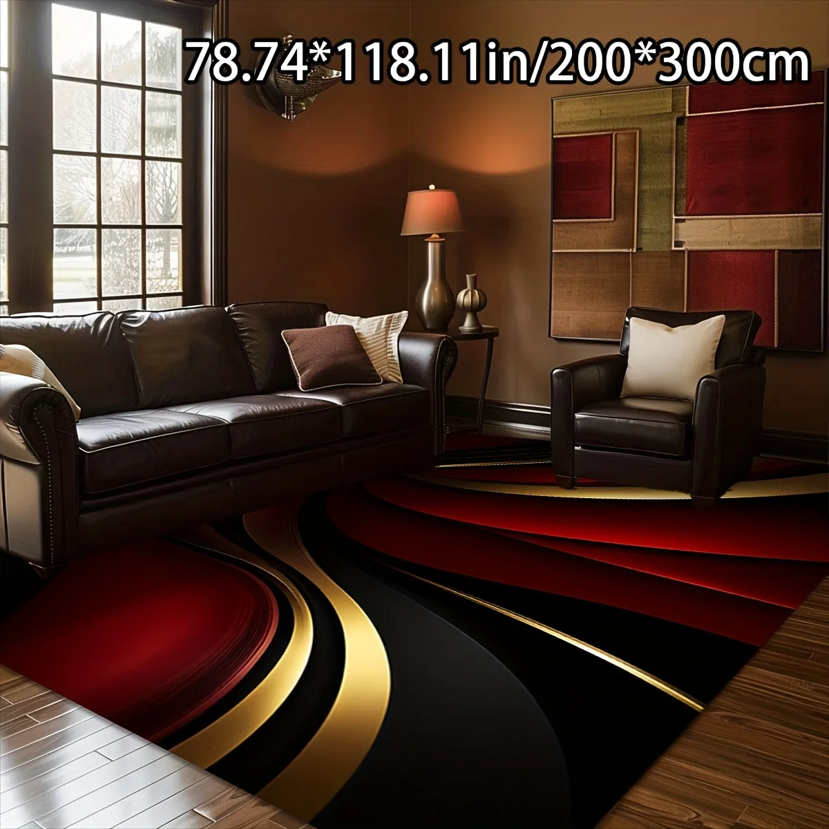 Modern Abstract Swirl Decor Rug, Red Black Gold Wave Pattern Floor Mat for Living Room Indoor Home Decoration