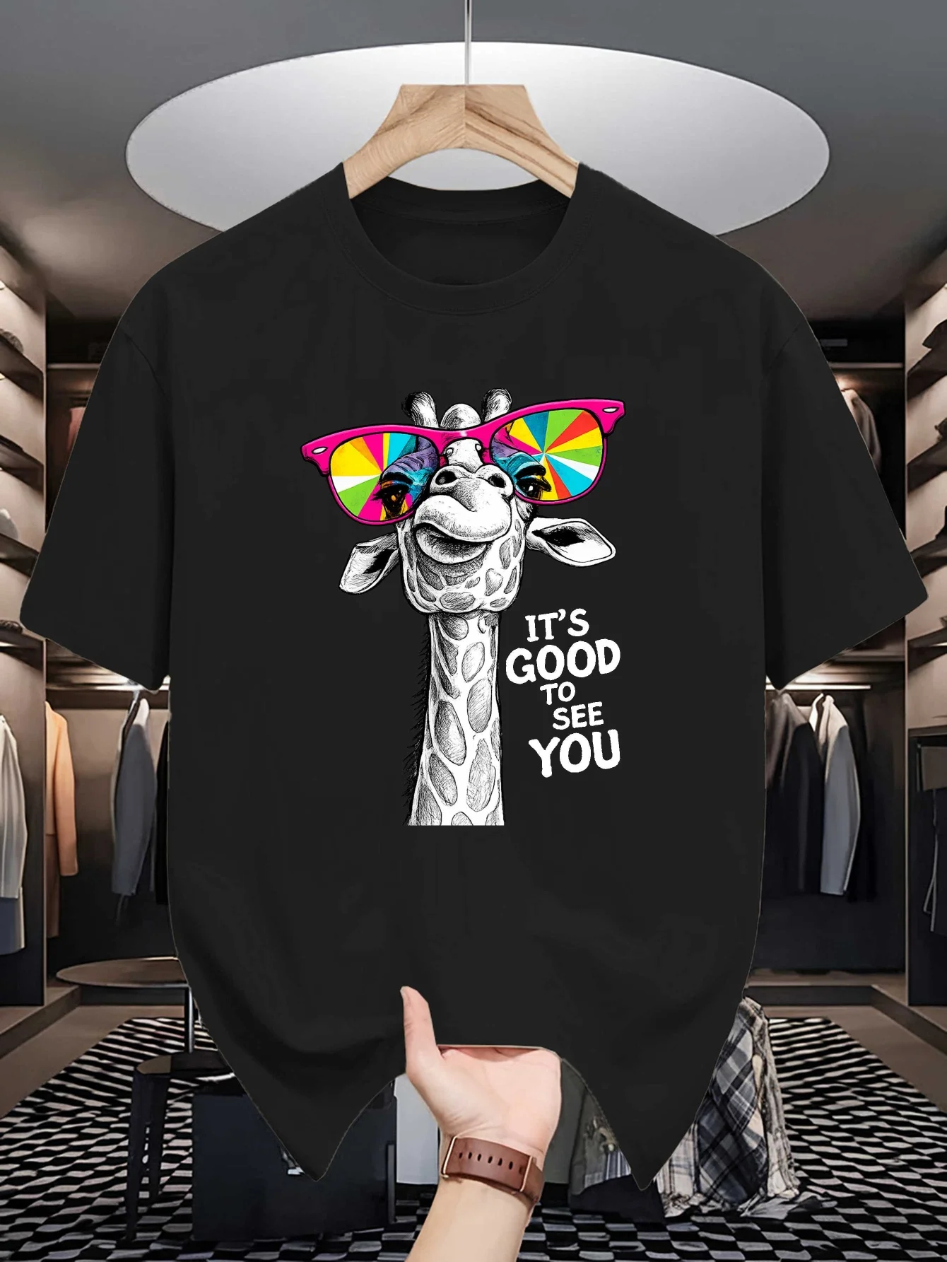 Mens Crew Neck T Shirt Funny Hip Giraffe Bright Sunglasses It Is Good To See You Graphic Short Sleeve Casual Cotton Street Tees