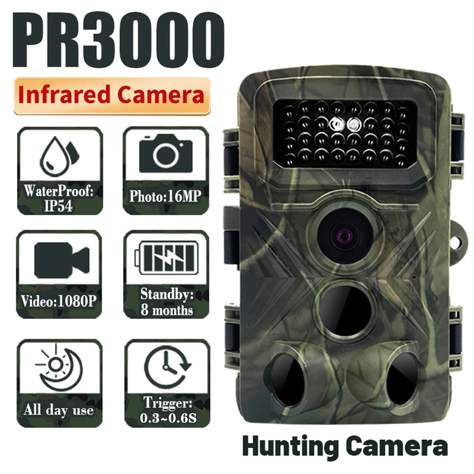 ZK30 Trail Camera Multifunctional 58MP IP54 Water Resistant Portable Infrared Outdoor Wildlife Monitoring Camera with 34pcs LED