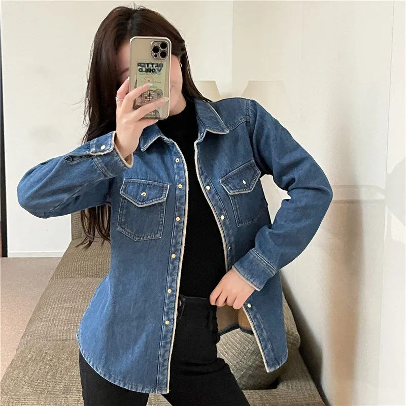 2023 Autumn Winter Thick Fleece Women\'s Denim Shirts Korean Fashion Jeans Lady Blouse Warm Long Sleeve Loose Female Tops KE3129