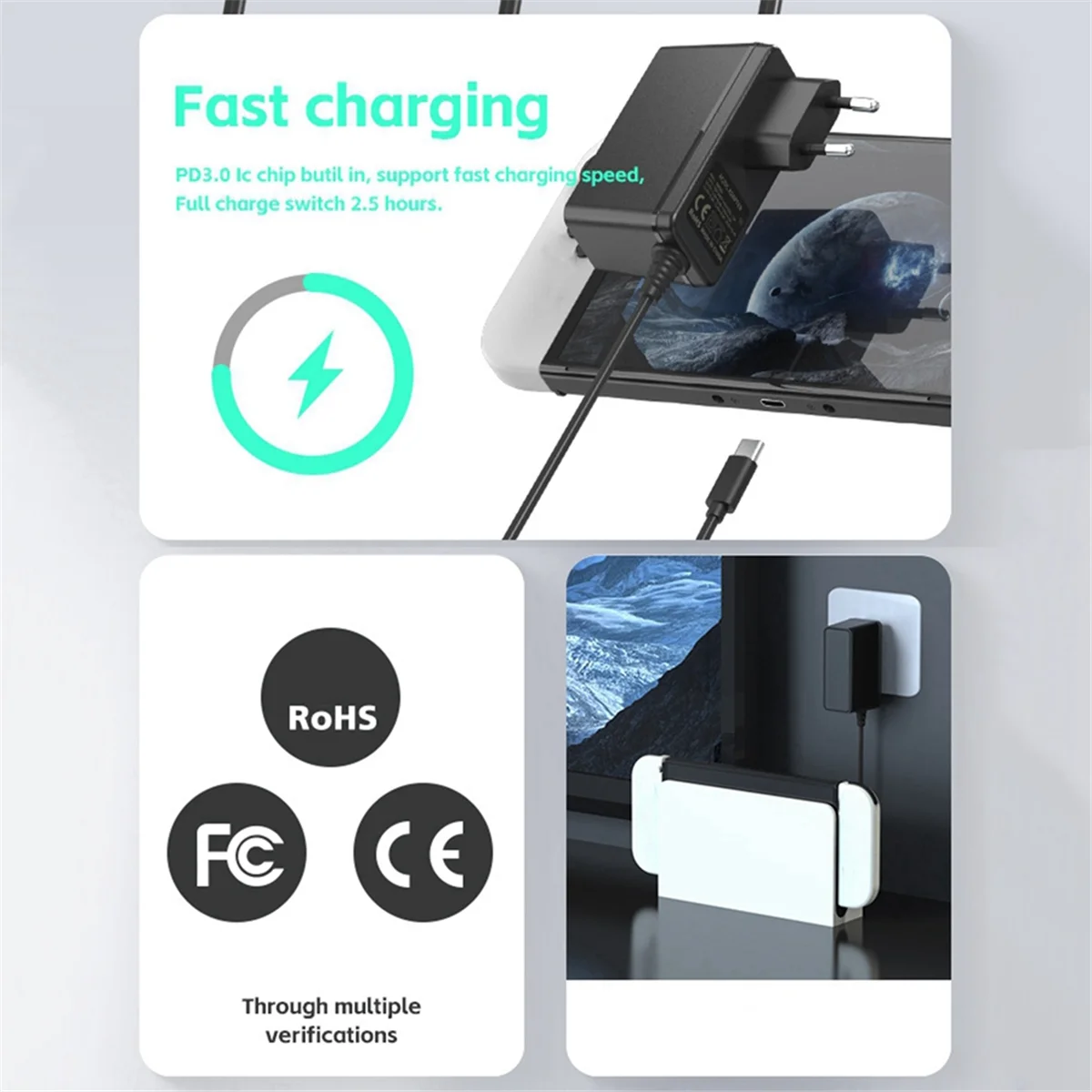 Voedingsadapter Oplader Accessoire Type C Voedingskabel Uitgerust met PD IC-chip voor /OLED-adapter EU-stekker