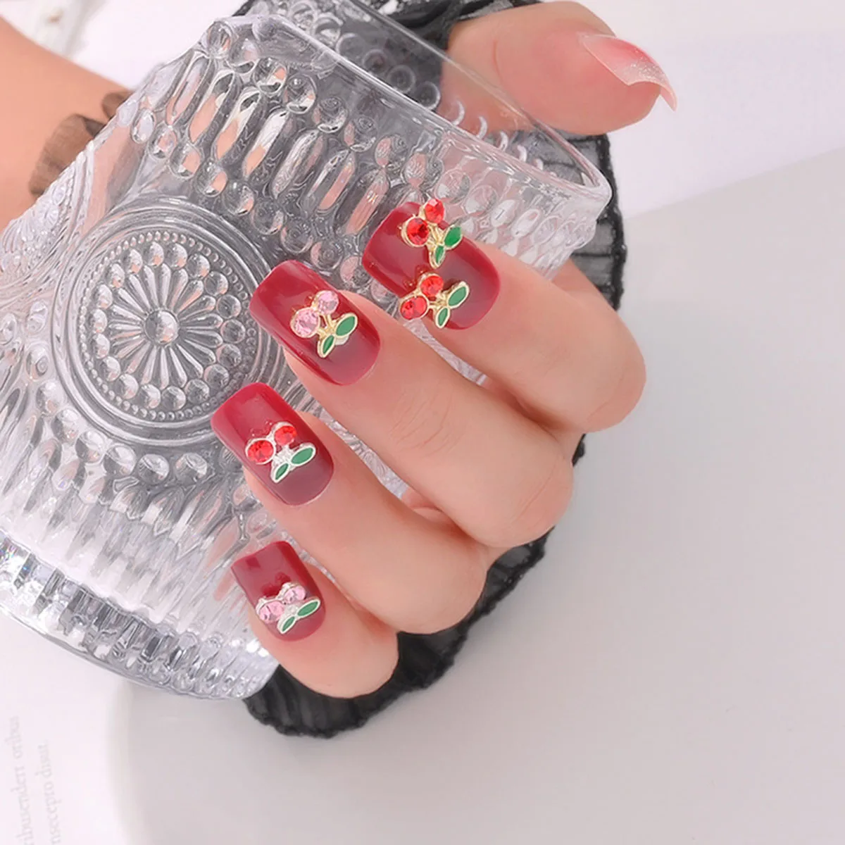 20pcs 3D Cherry Design Nail Charms Red Cherry Crystal Rhinestone Nail Gems Glitter Diamond Stud Fruit Nail Art Decoration