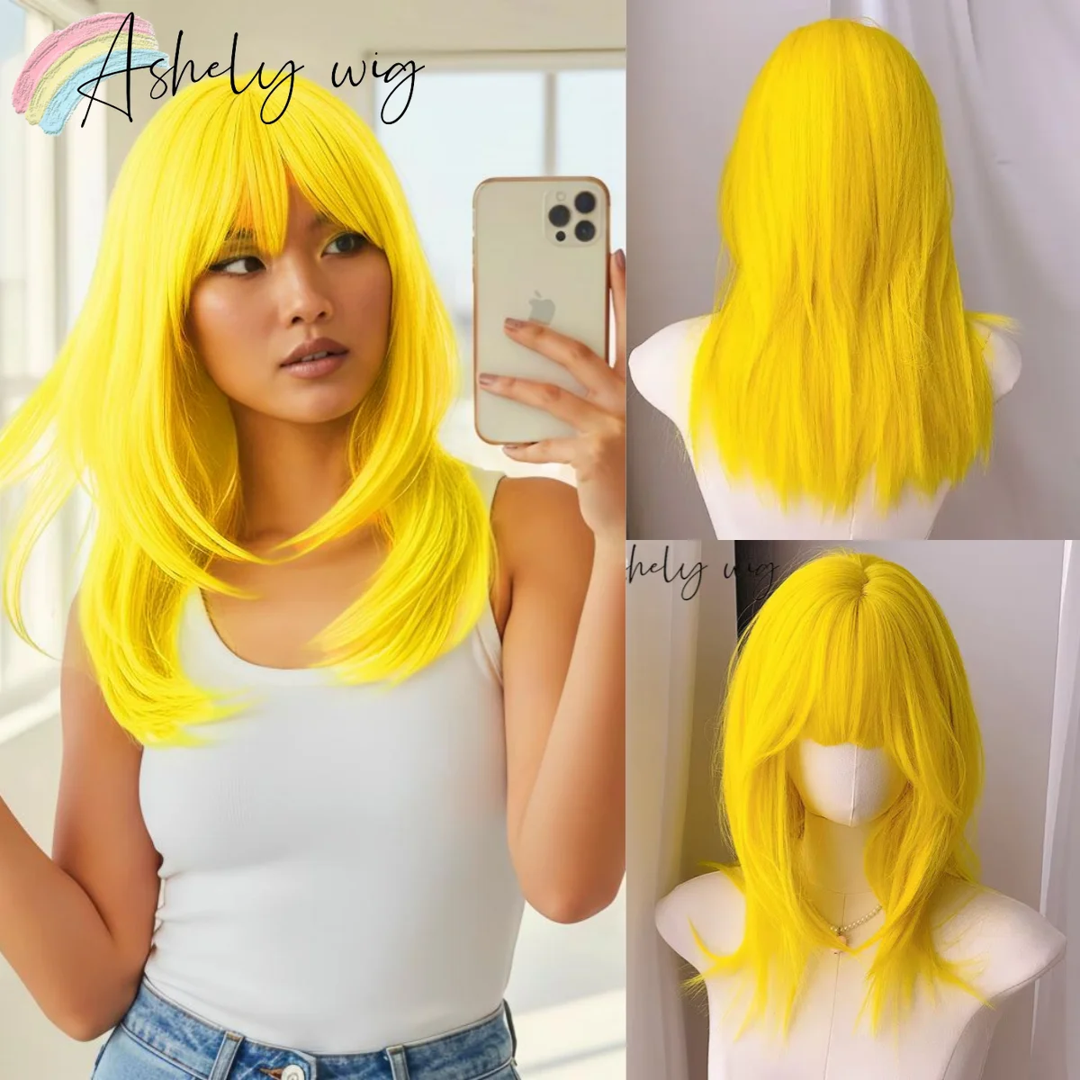 شعر مستعار أصفر للنساء لوليتا شعر مستعار تأثيري مع الانفجارات شعر مستعار متوسط الطول مع طبقات ارتفاع درجة الحرارة الألياف بيروكات صناعية