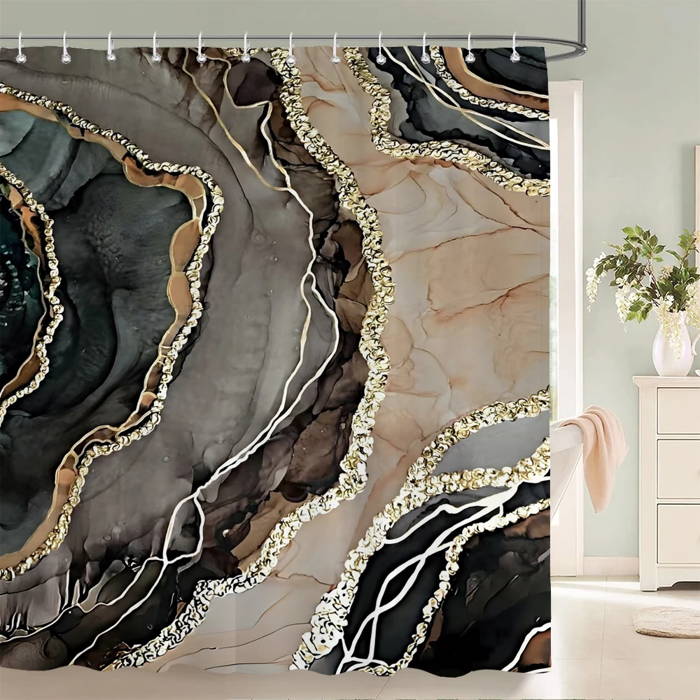 

Blue Gold Marble Ink Texture Shower Curtain Abstract Modern Shower Curtain for Bathroom Decor with Hooks 3D Bathroom Screen