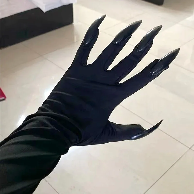 Schwarz Halloween Gothic Lange Nägel Cosplay Handschuhe Halloween Persönlichkeit Stretch Ghost Claw Fäustlinge Bühnenzubehör