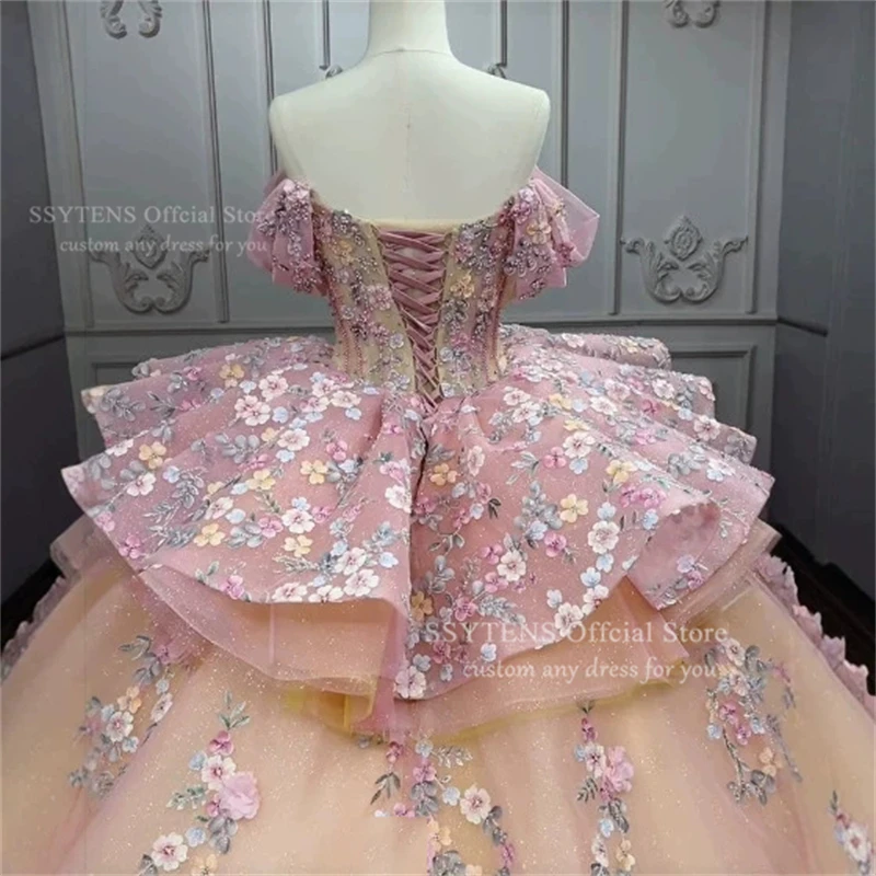 SSYTENS Glittering Baby Pink Quinceanera Dresses Luxury Lace Flowers Vestidos De 15 Anos quinceañeras Party Princess Prom Gown