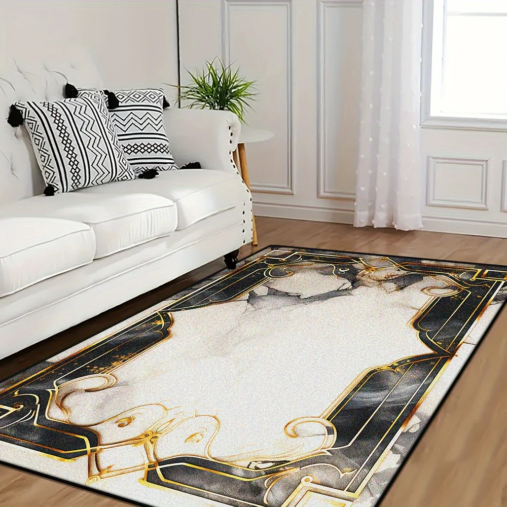 1pc, Fashionable Geometric Pattern Mat, Marble Style Mat, Black and White Floor Mat for Living Room, Bedroom, Dining Room, Office, Balcony, Room Accessories